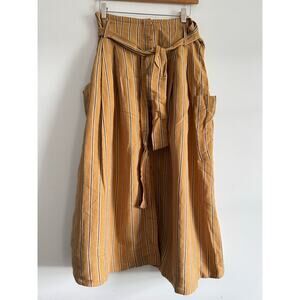 Zara Woman Mustard Brown Striped Midi Skirt Linen Blend Belted High Waist Size M